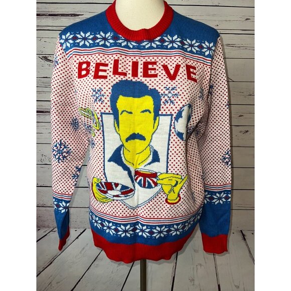 TED‎ LASSO Official Ugly Christmas Sweater Knit BELIEVE Tea Party NWOT Nordic - Picture 1 of 9